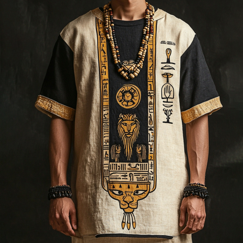 Vintage Egyptian Pattern Embroidered Contrast Linen Shirt