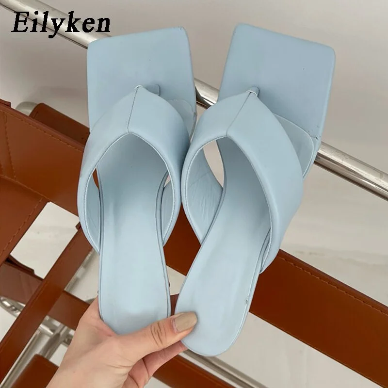 Eilyken 2021 New Summer Fashion Women Mules High Heels Slippers Sandals Square Open-toed Heel High Quality Slides Shoes