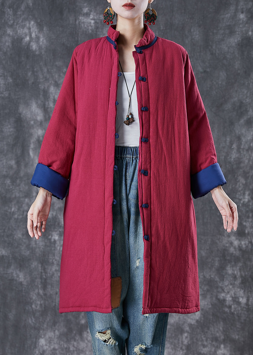 VCSHOES Red Chinese Button Thick Cotton Filled Puffers Jackets Winter