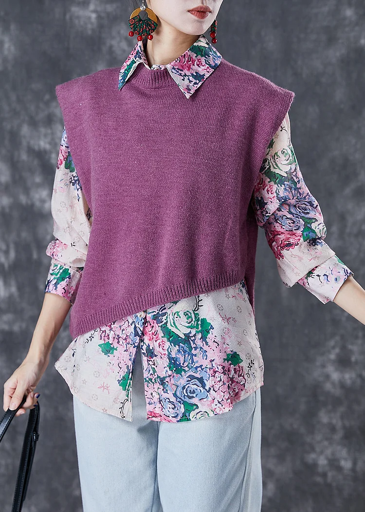Modern Asymmetrical Print Knit Vest And Shirts Two-Piece Set Fall