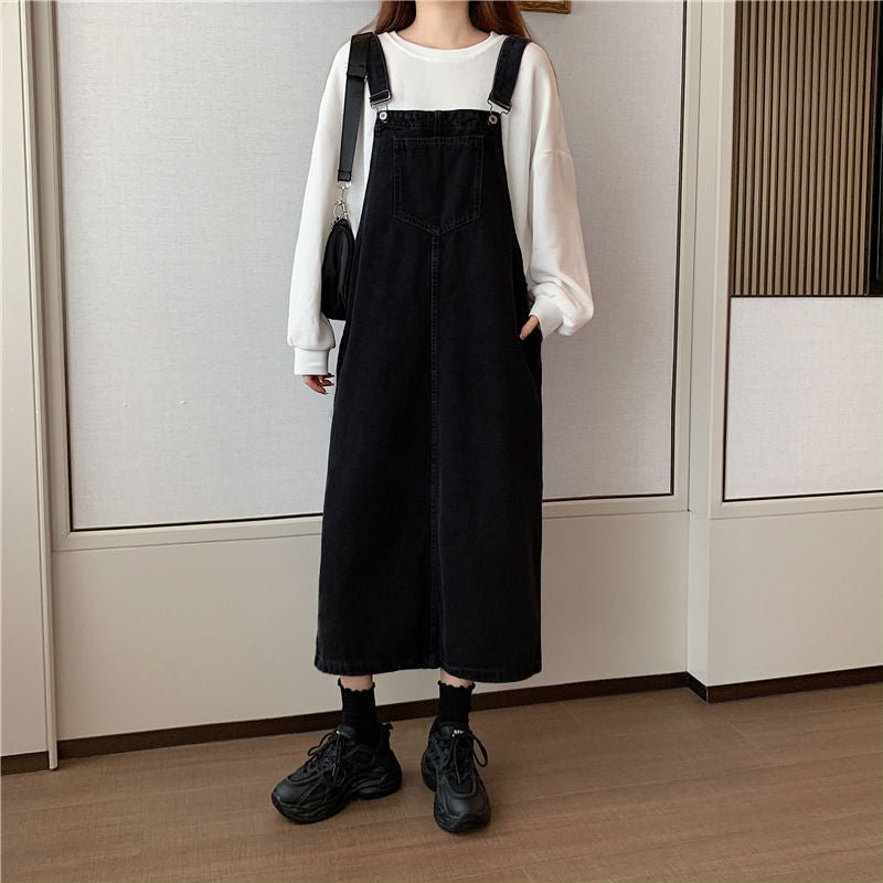 Age-reducing Student Denim Suspender Skirt Women's Large Size Fat Girl Slimming Korean Style Loose Mid-length Slip Dresses