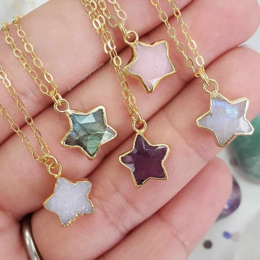 Natural Semi-Precious Stones Gemstone Amethyst Simple Star Lapis Lazuli Quartz Picture Pendant Necklace