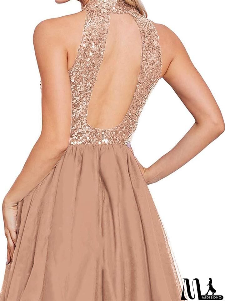 MidiSono - Pretty Rose Gold Sequin A-Line Halter Cocktail Dresses For Party