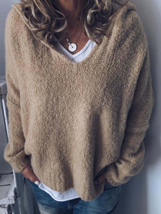 V Neck Long Sleeve Knitted Casual Hoodie Sweaters