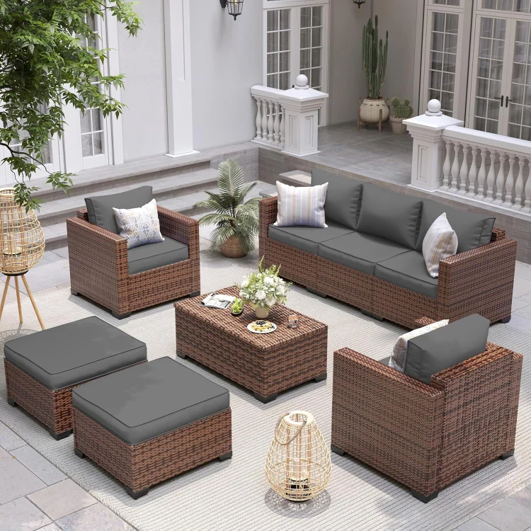 6 Piece Patio Furniture Set 7 Seats Wicker Outdoor Furniture Set, Thick Cushions Patio Couch Chair with Ottoman & Storage Table for Porch