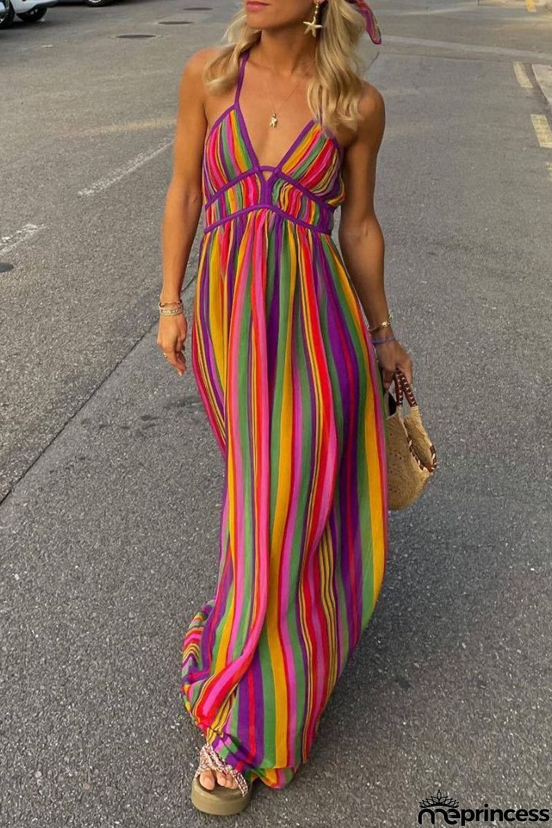 Sexy Vacation Striped Contrast V Neck Dresses
