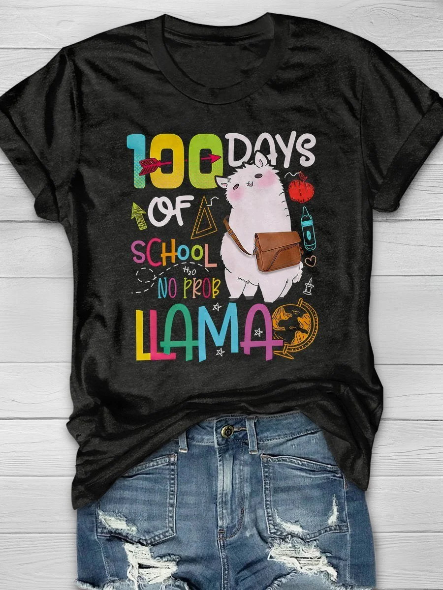 100 Days Of School Alpaca Print Short Sleeve T-shirt