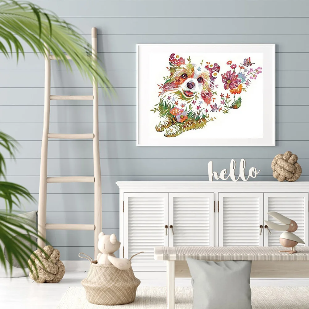 Full Round Diamond Painting 40*30cm - Puppy And Flowers