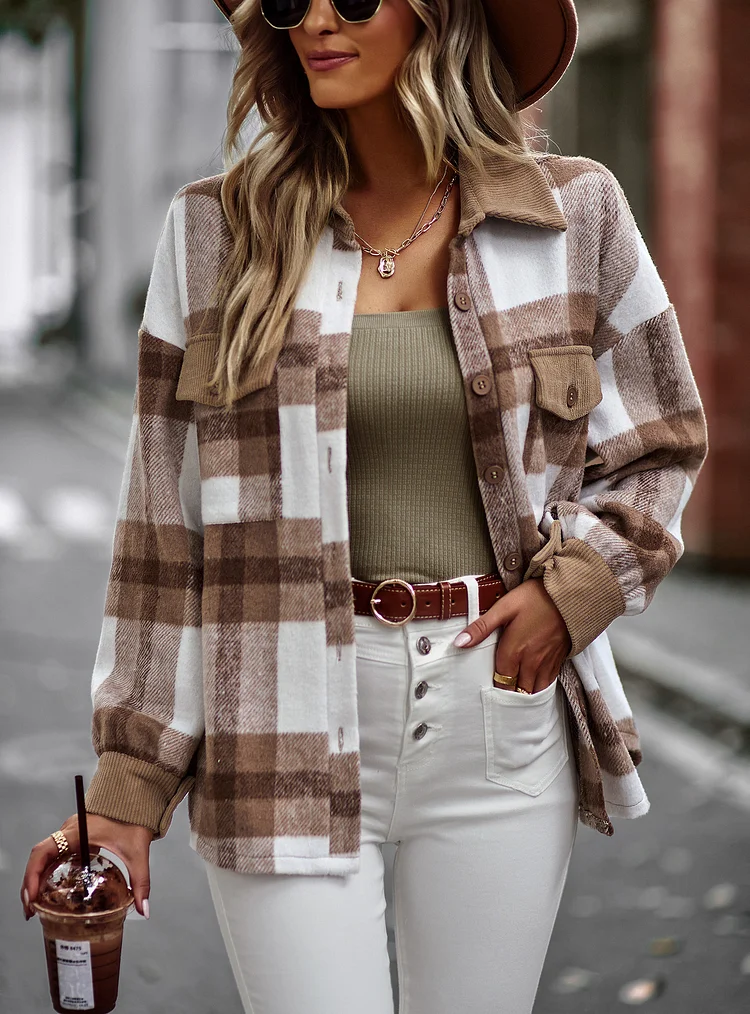 Women's Plaid Shacket Lapel Long Sleeve Thick Woolen Plaid Jacket Coat Outwear