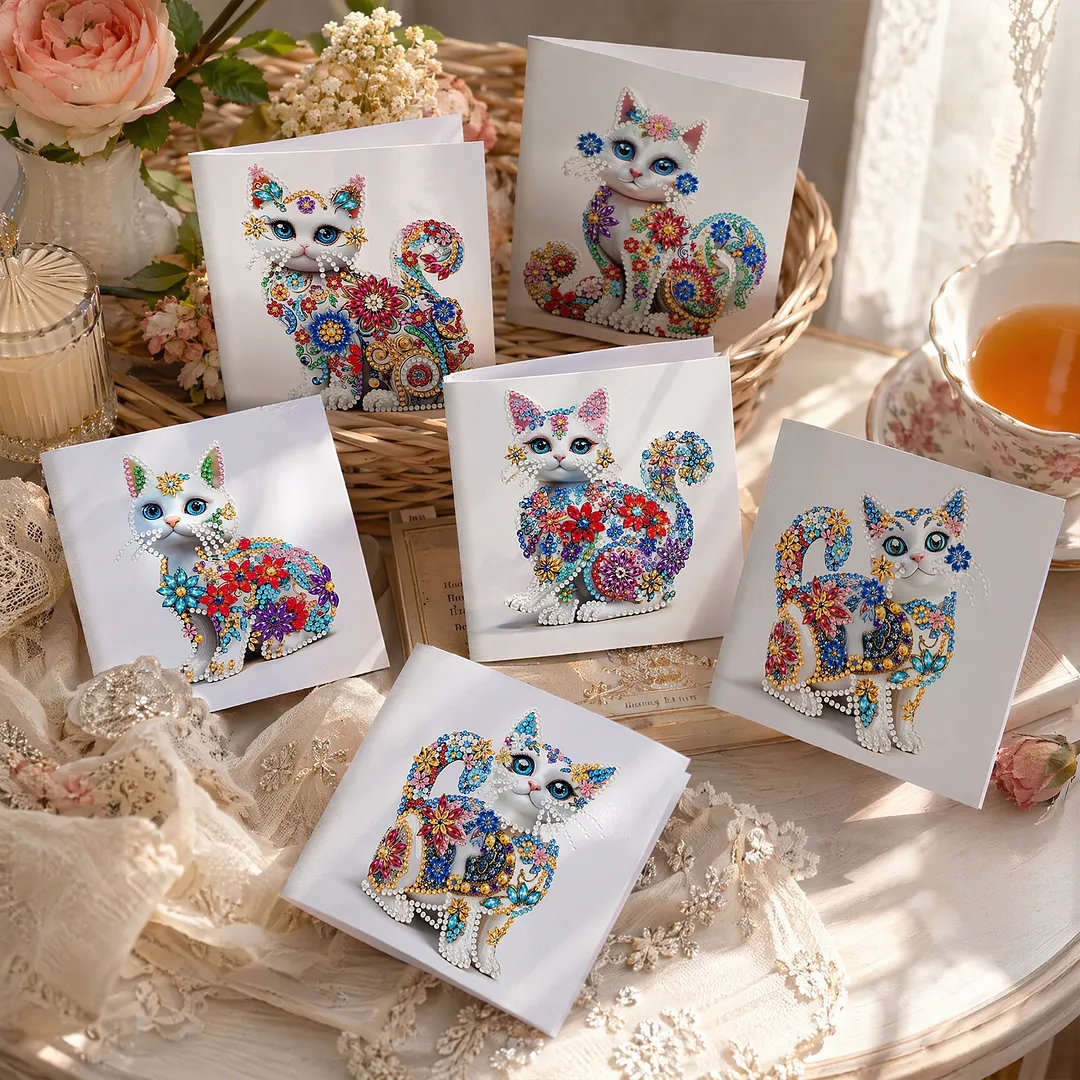 6pcs White Cat DIY Diamond Painting Greeting Card Kits with Envelopes Diamond Art Greeting Cards Diamond Art Cards Kits for Adults DIY Crafts Family Friend Gifts