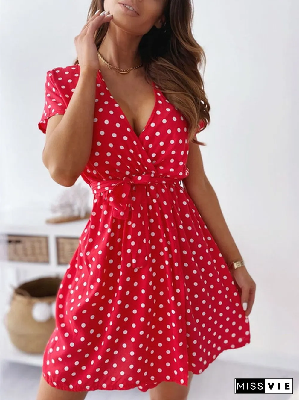 Summer V Neck Polka Dot Boho Dress Bohemian Women Beach Dress Fashion Short Sleeve Casual Mini Dress