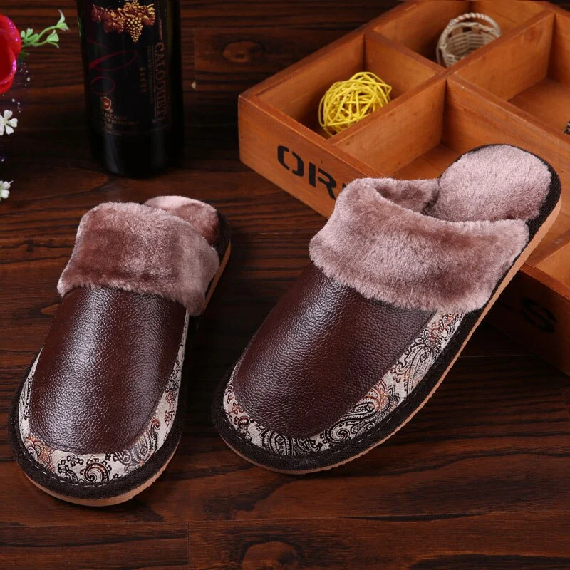 Genuine Leather Slippers Women Luxury Velvet Fur Slippers Pattern House Slippers Winter Indoor Slippers Living Soft Shoes Women