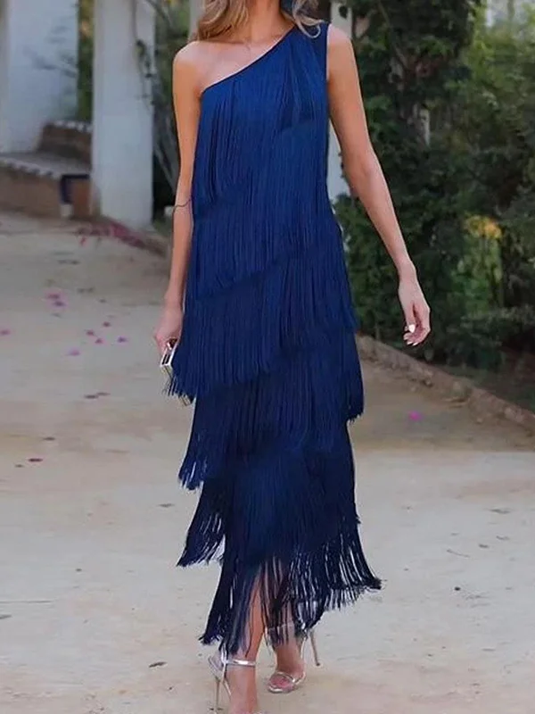 Tasseled Split-Joint Solid Color Asymmetric Sleeveless Loose One-Shoulder Maxi Dresses