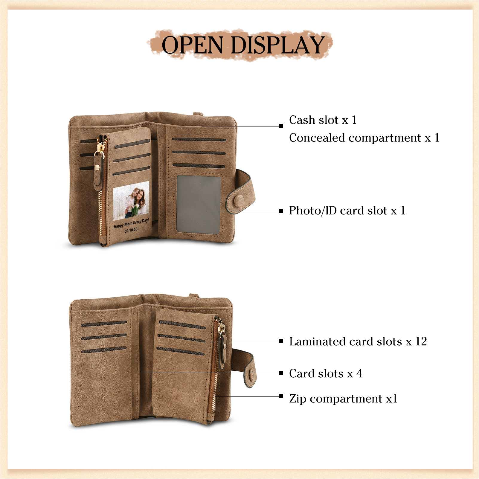 Portafoglio in PU pelle girasole con 1 letetra & 1 testo & 1 nome & 1 foto personalizzati per mamma/nonna