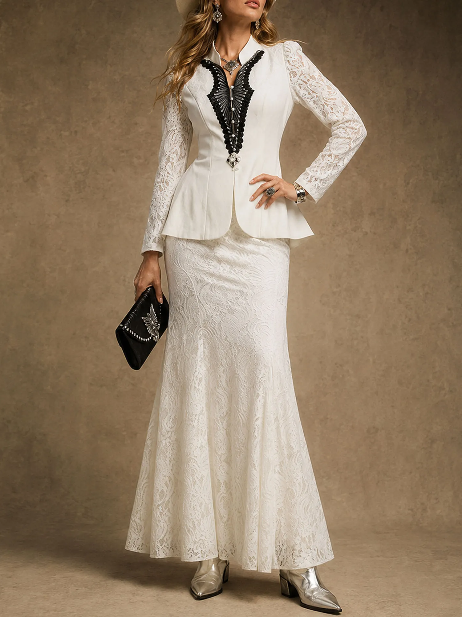 Ready for an Outdoor Art Opening &mdash; Pure White Structured Lace 2026 Spring/Autumn Women&rsquo;s Western Two-Piece Set