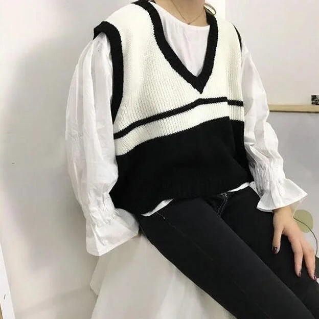 Sweater Vest Women Patchwork Leisure Sleeveless Sweaters Korean Style All-match Vintage Knitted Korean Tide Fashion Simple Retro