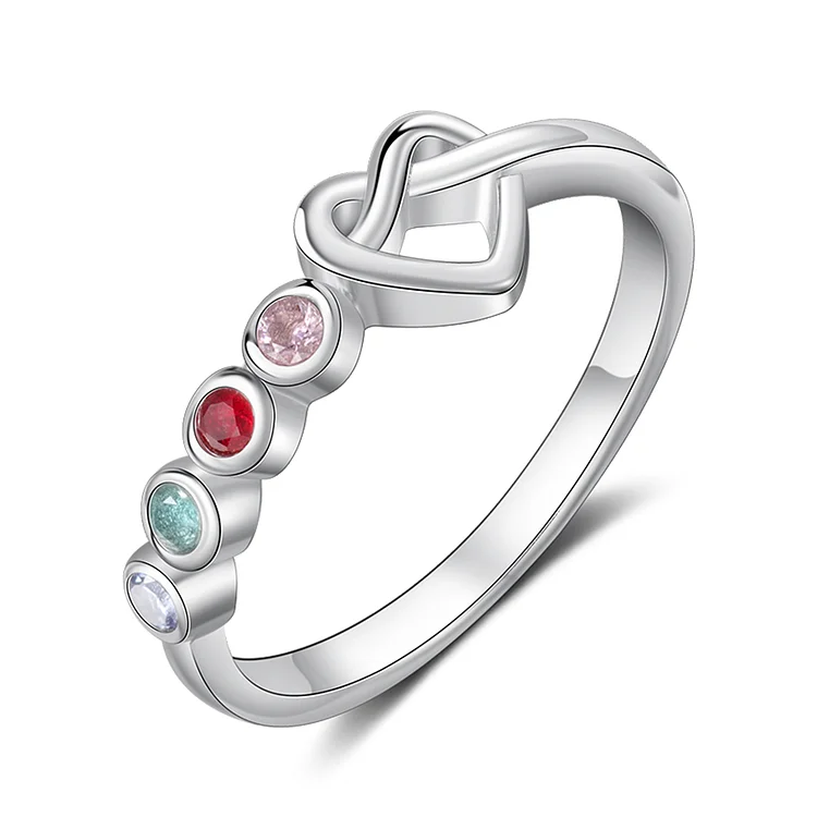 Family Ring Personalized 4 Birthstones Heart Knot Ring Band