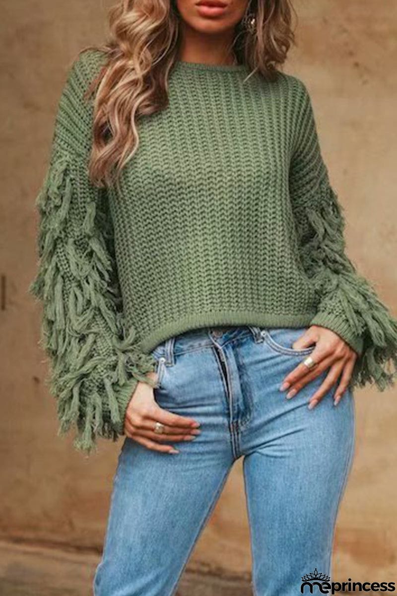 Casual Solid Tassel O Neck Sweaters(4 Colors)
