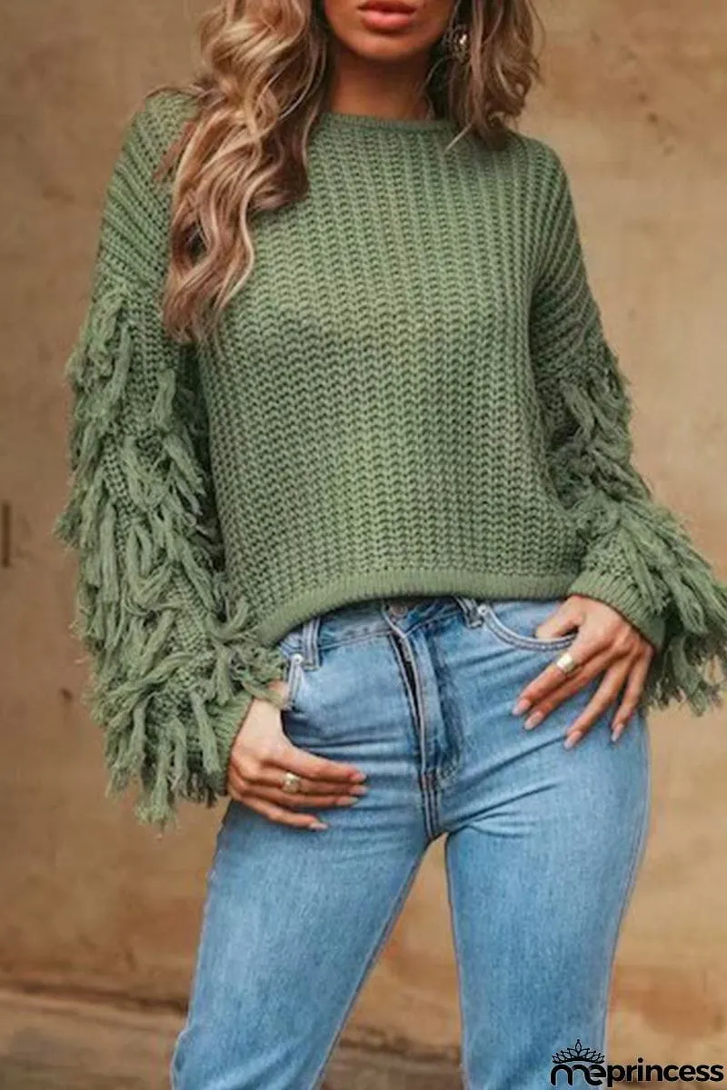 Casual Solid Tassel O Neck Sweaters(4 Colors)