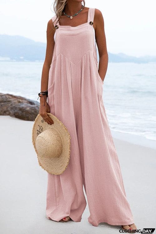 Solid Button Sling Wide-Leg Jumpsuit