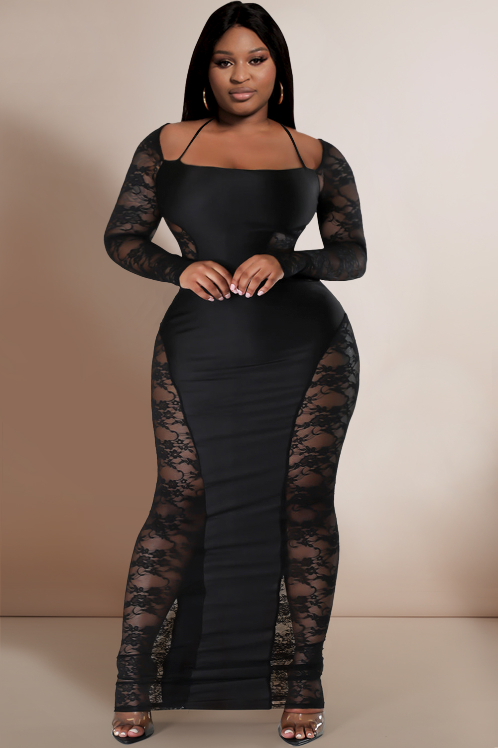 Design Plus Size Party Black Square Neck Long Sleeve See Through Lace Maxi Dresses [Pre-Order]