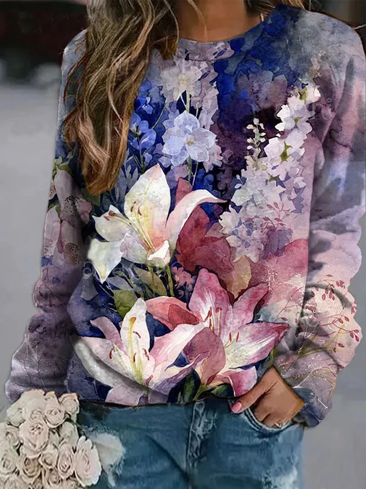 Casual Floral Autumn Daily Loose Crew Neck Regular H-Line Regular Sweatshirt for Women