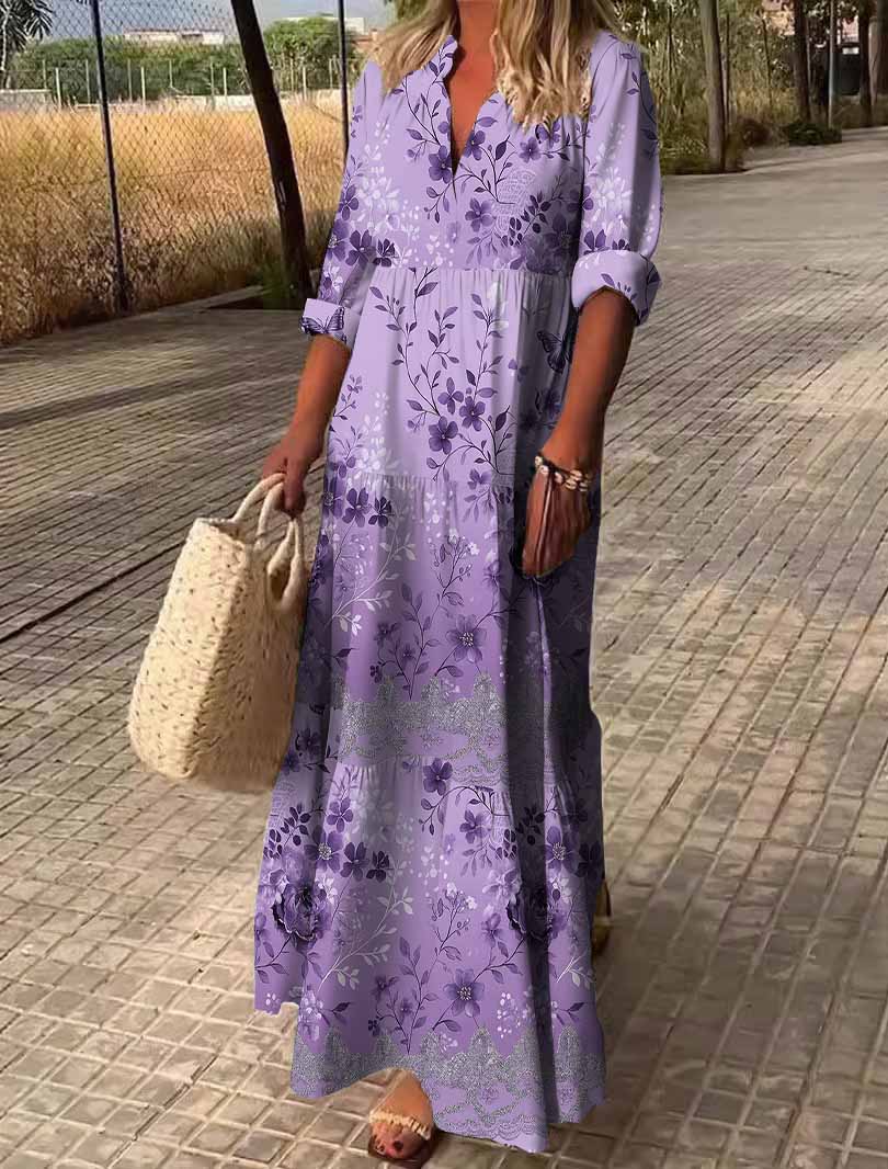 Women Floral, Butterfly, Purple DZDN1051 SPU Printed Long Sleeve V-neck Maxi Dress