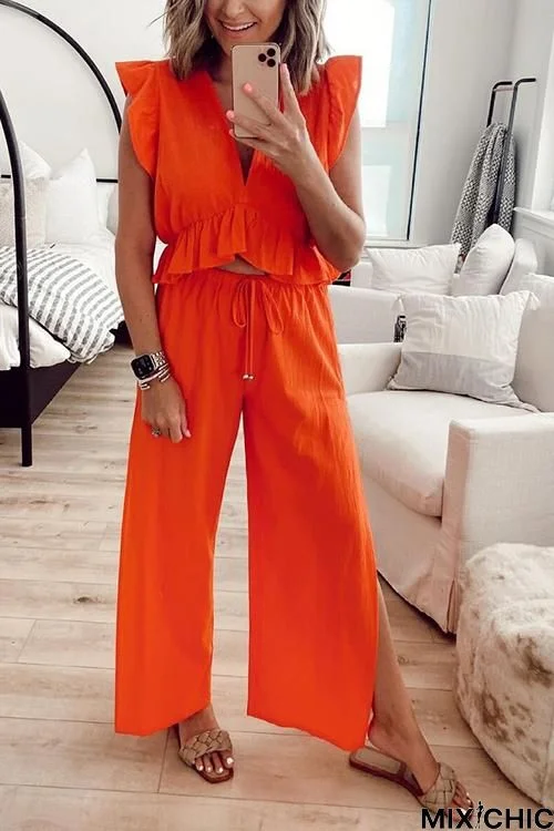 Ruffles Crop Slit Pants Set