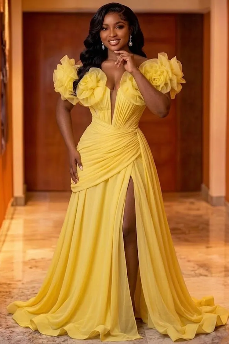 formal maxi dress yellow Off Shoulder 3D Floral Slit Ruched Gowns Dresses-Yellow mfgstyle_BEBE1226