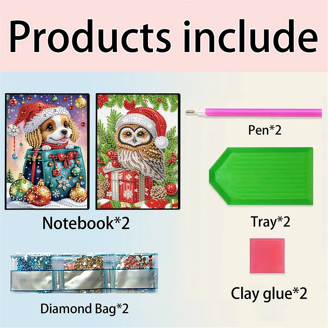 2pcs Xmas Animals Partial DIY 50 Pages A5 Diamond Painting Notebook for Study