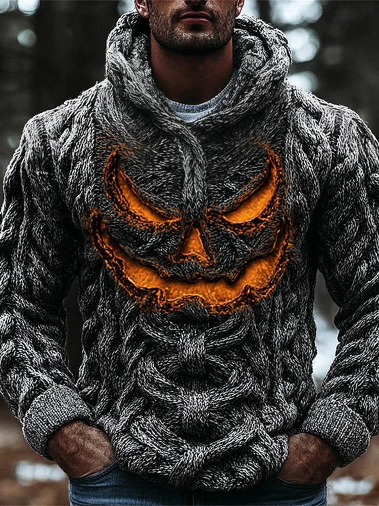 Evil Pumpkin Face Men's Chunky Knit Hooded Sweater
