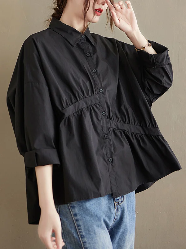 Casual Loose 3 Colors Buttoned Lapel Collar Long Sleeves Blouse