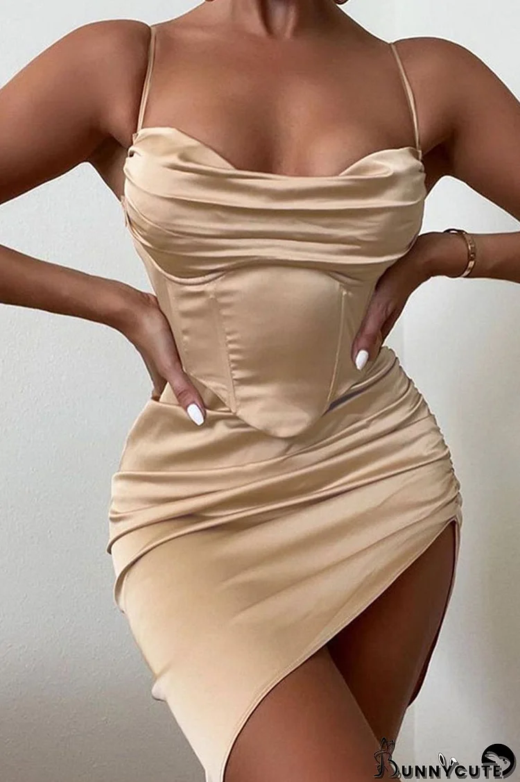 Champagne Sexy Solid Split Joint Fold Asymmetrical Sling Dress Dresses