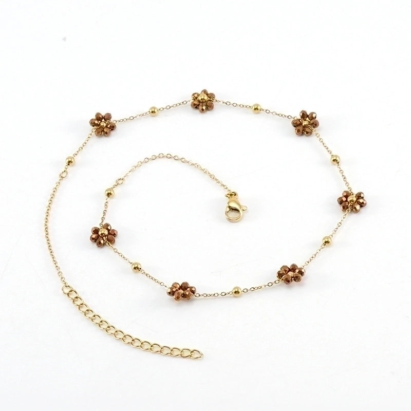 Fashion Flower Artificial Crystal Titanium Steel Beaded Plating 18k Gold Plated Bracelets Necklace