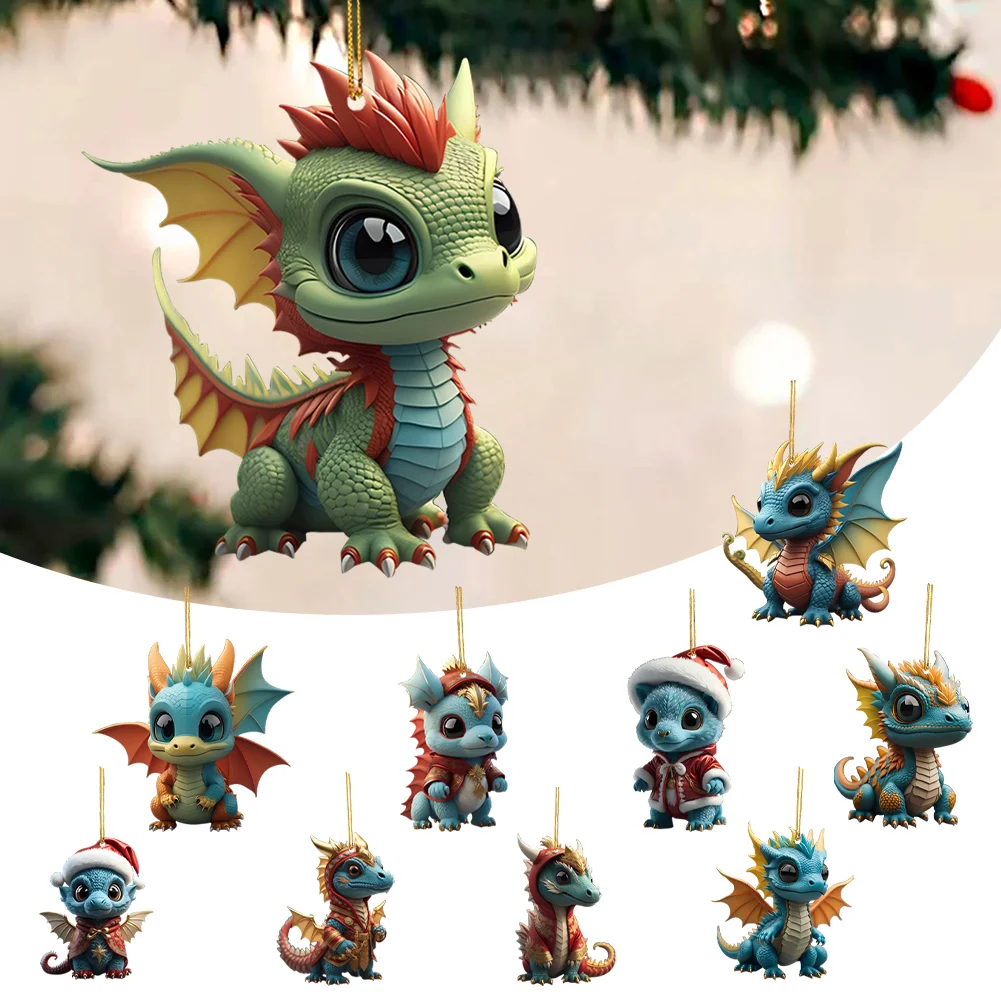 2D Christmas Baby Dragon Decor Cute 8cm Flat Acrylic Hanging Ornament Party Gift