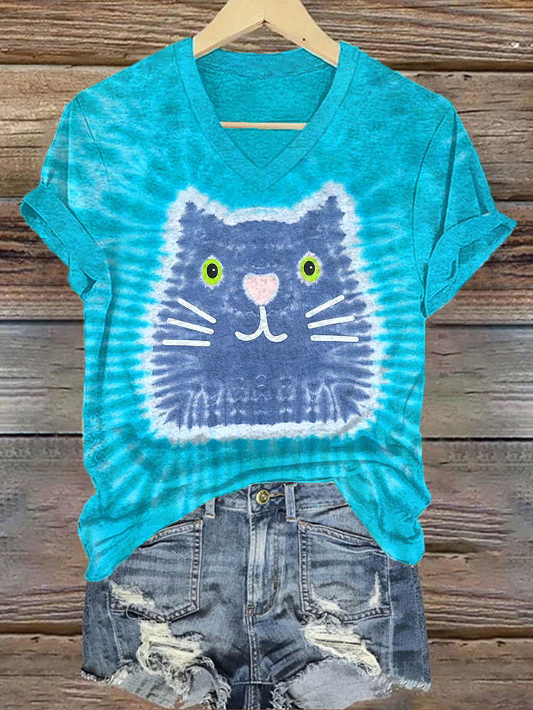 Cute Cat Pattern V-Neck Short Sleeve T-Shirt artswardrobe