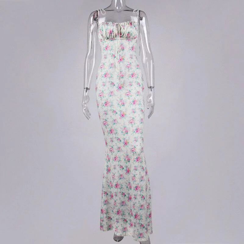 Elegant Women Maxi Floral Sundress Spaghetti Strap Lace-up Long Dress Summer Party Backless Flowers Formal Dress for Lady