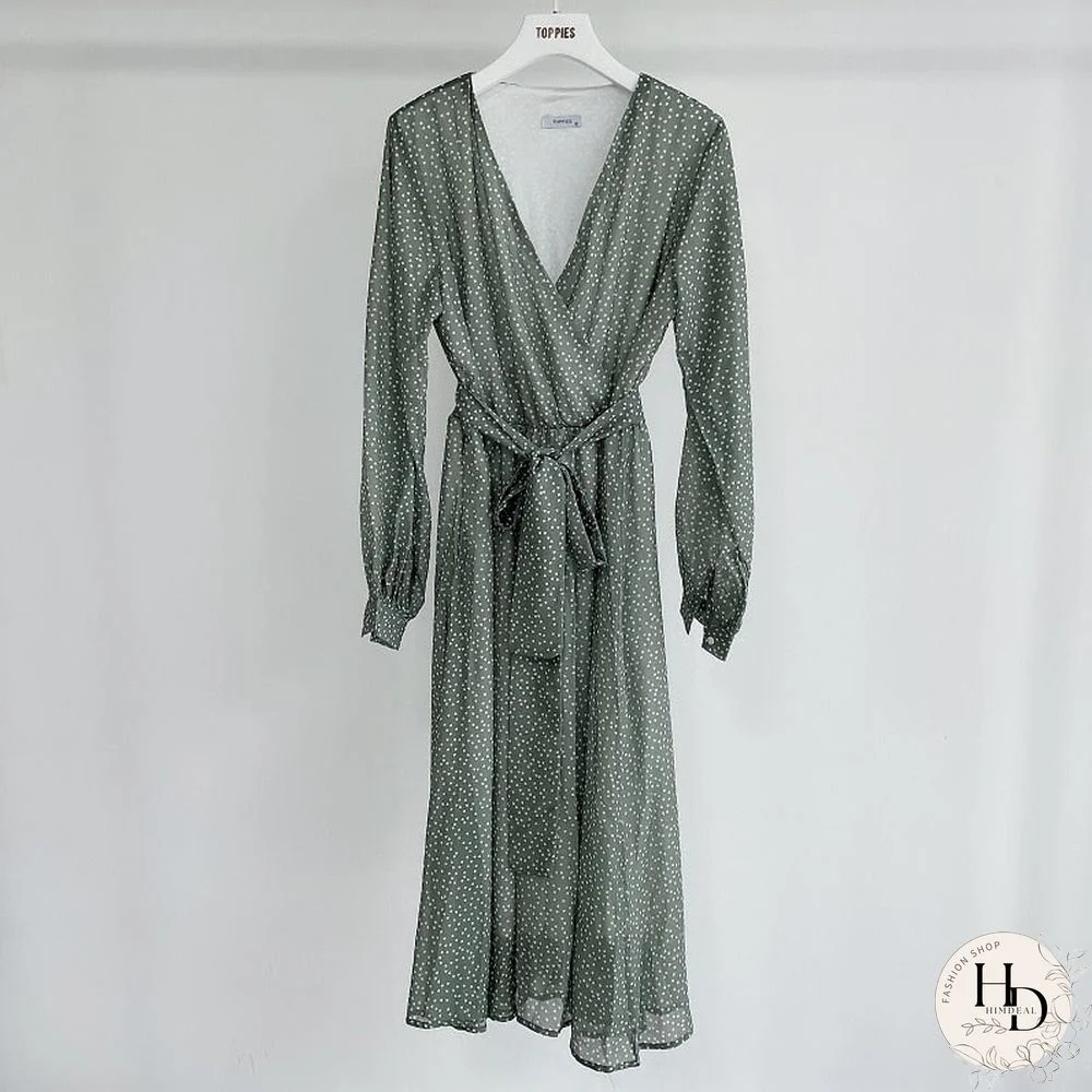 Toppies Women Dress Heart Print vestidos Wrap around v neck Long sleeve Fashion Pink Chiffon Dresses