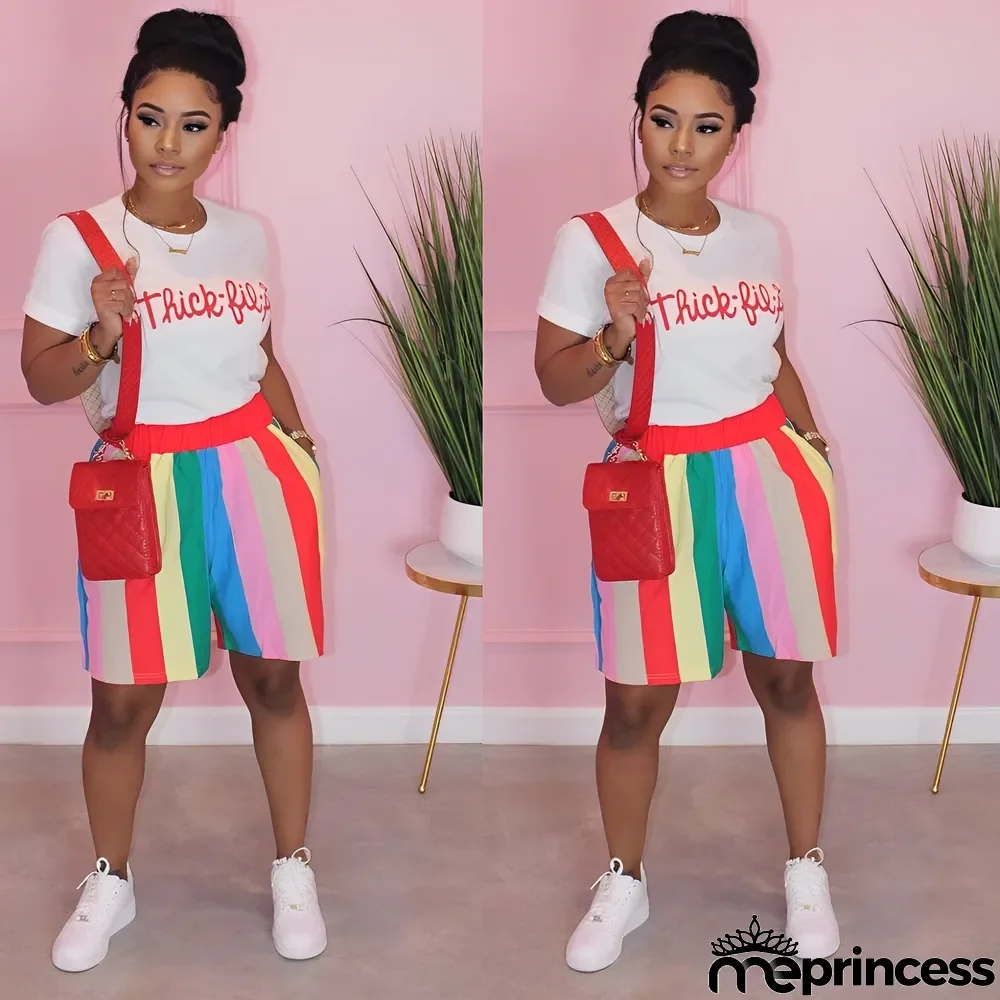 Casual Print T Shirt And Stripe Shorts Two Piece Set