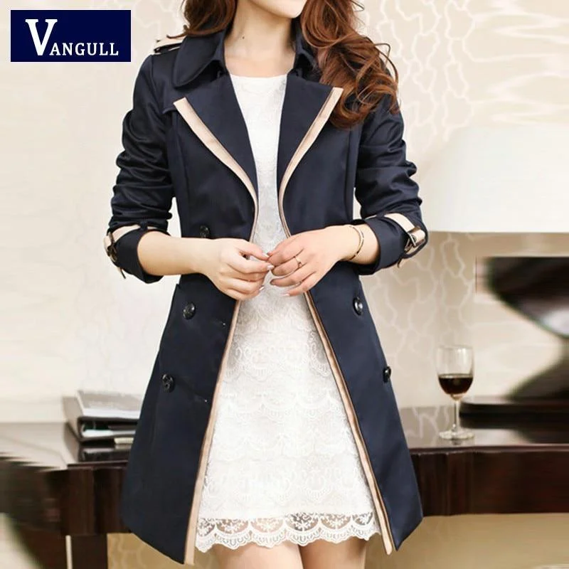 Vangull Fashion Women Thin Trench Coat Turn-down Collar Double Breasted Patchwork Spell Color Lady Trench Slim Female Wind Coat