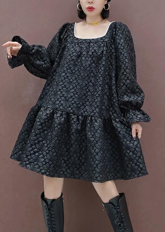 VCSHOES Square Collar Patchwork Spring Tunic Sewing Black Flower Dress