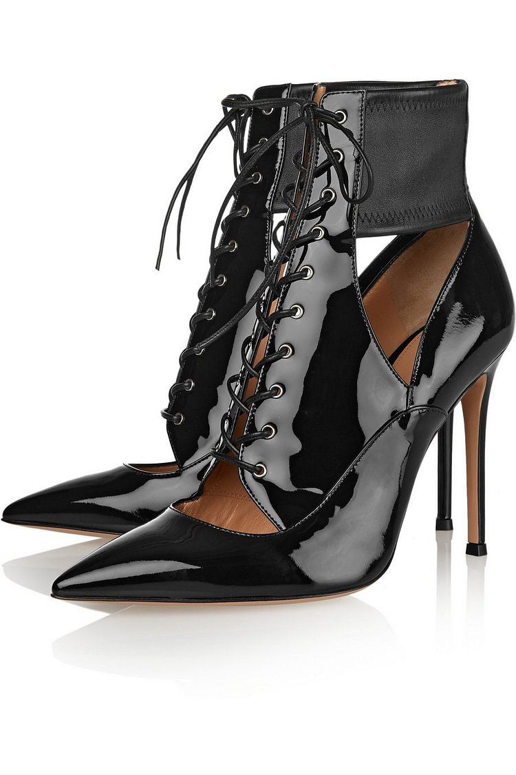 Black Patent Leather Cut Out Boots Pointy Toe Lace up Stiletto Booties |FSJ Shoes