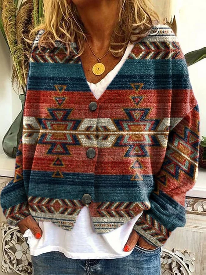 Women's Western Geometric Plush Cardigan