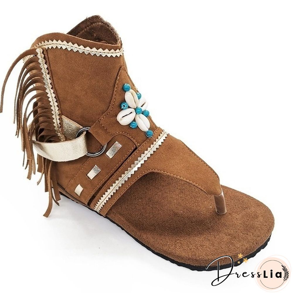 Women's Fashion Tassel Roman Boho Sandals Flock Retro Ankle Sandal Shoes Summer Flats Flip Flops Bohemian Beach Boot Shoes Plus Size