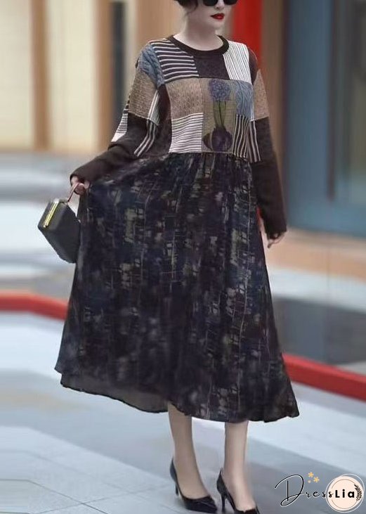 New Coffee Pockets Knit Patchwork Long Dresses Winter