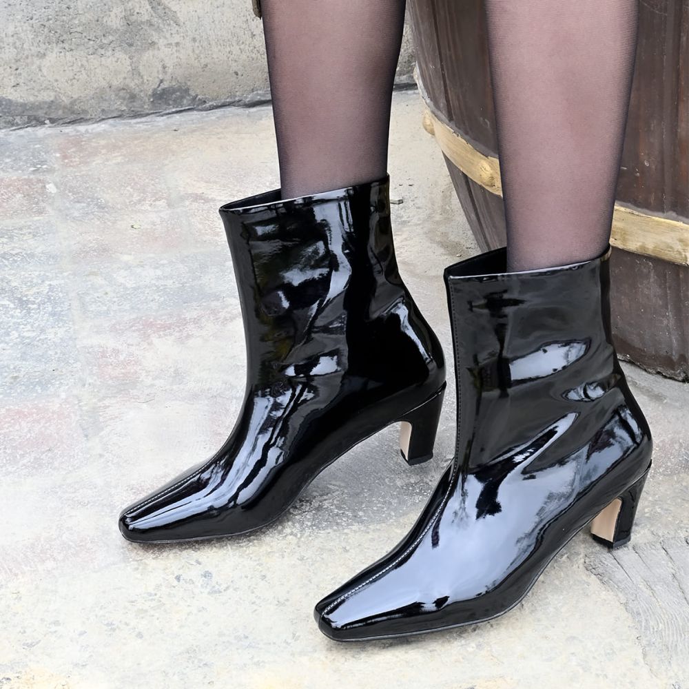 Women's Black Patent Leather Square Toe Low Heel Ankle Boots Nicepairs