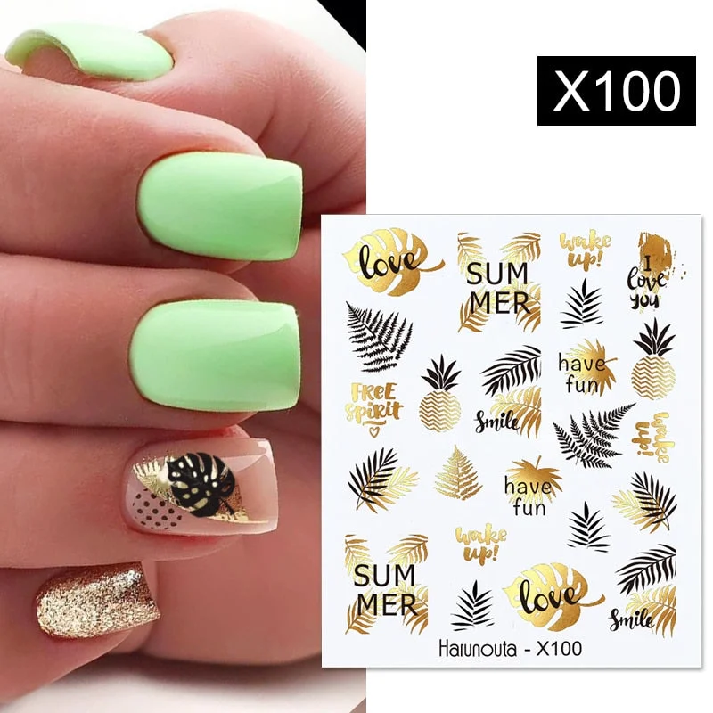 Harunouta Black Lines Flower Leaves Water Decals Stickers Floral Face Marble Pattern Slider For Nails Summer Nail Art Decoration-Nail Inspo