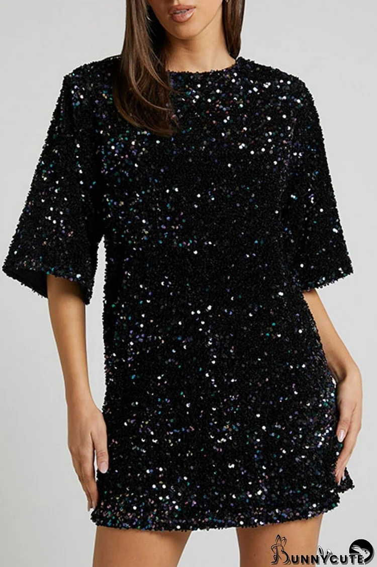 Black Casual Patchwork Sequins Frenulum Backless O Neck Dresses