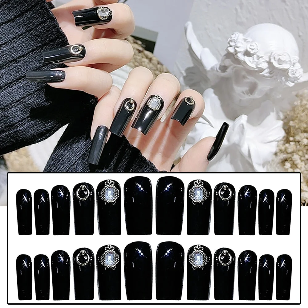 24pcs/set Light Grey Rhinestone Short Size Design Artificial Nail DIY Fashion false nails with glue fake nails press on for girl-Nail Inspo