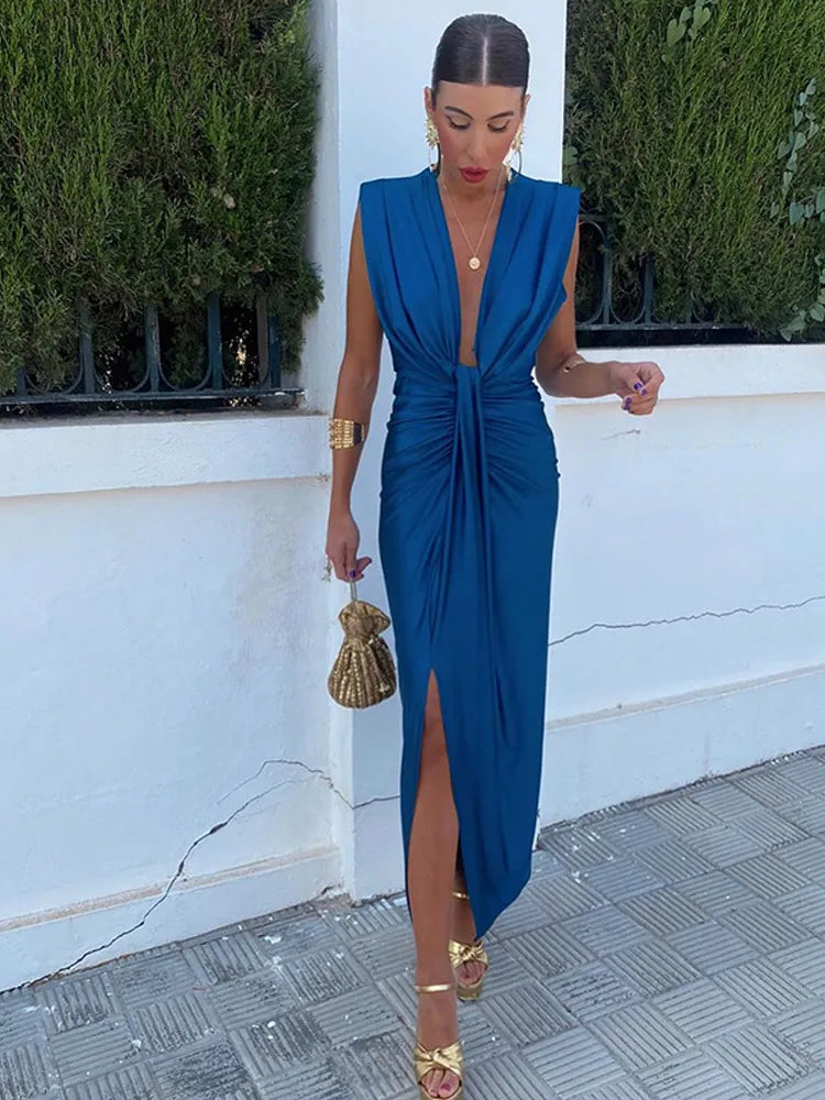 Aiertu Sexy Deep V Neck Pleated Split Dresses Women Chic Sleeveless Slim Midi Vestidos 2024 Summer Elegant Female Evening Party Robes Aiertu